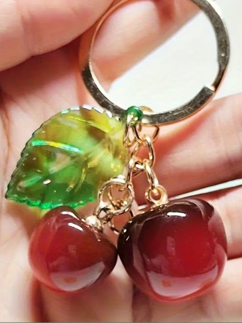 Cherry bag charm 2.5 inches - Green Leaf & Red Cherry